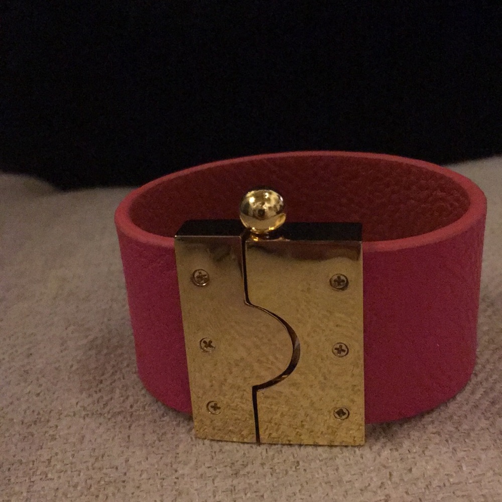 Gold and hot pink leather bracelet